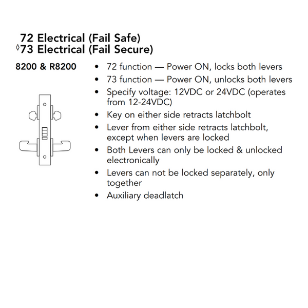 Sargent RX-8272-24V-US26D Lock Body Only, Fail Safe, Double Cylinder, Request to Exit, Satin Chrome Finish