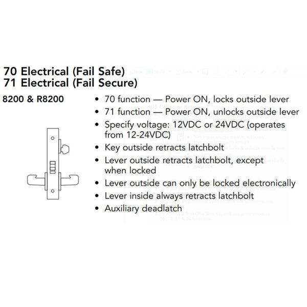 Sargent 70-RX-8271-12V-LNP-26D Electric Mortise Lock, Fail Secure, 12V, SFIC LC, LN Rose, P Lever, Satin Chrome