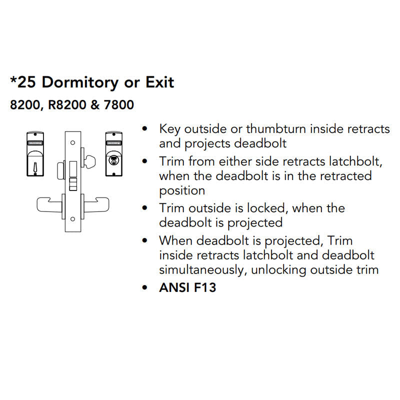 Sargent LC-8225-LNB Mortise Lock, Dormitory or Exit Function, Field Reversible, Less Cylinder