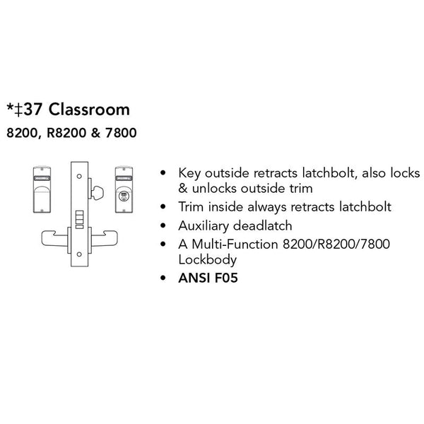 Sargent RX-LC-8237-12V-LNMD Electrified Mortise Lock, Classroom Function, RX Switch, Less Cylinder