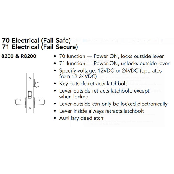 Sargent 70-RX-8271-24V-LNL-26D Electric Mortise Lock, Fail Secure, 24V, SFIC LC, LN Rose, L Lever, Satin Chrome