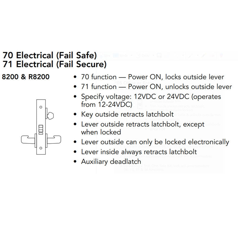 Sargent 60-RX-8271-24V-LNL-26D Electric Mortise Lock, Fail Secure, 24V, LFIC LC, LN Rose, L Lever, Satin Chrome